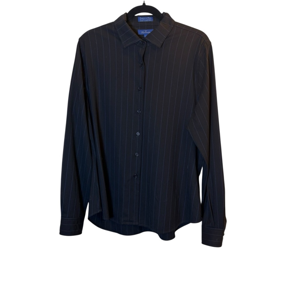 Faconnable Women’s Wool Pinstripe Blue on Blue Career Dress Shirt sz L